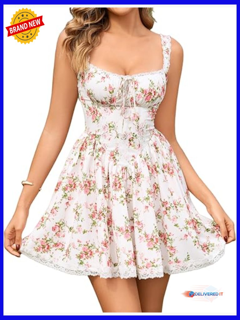 Summer Floral Mini Dress Square Neck Tie Front Ruched Backless Casual Party